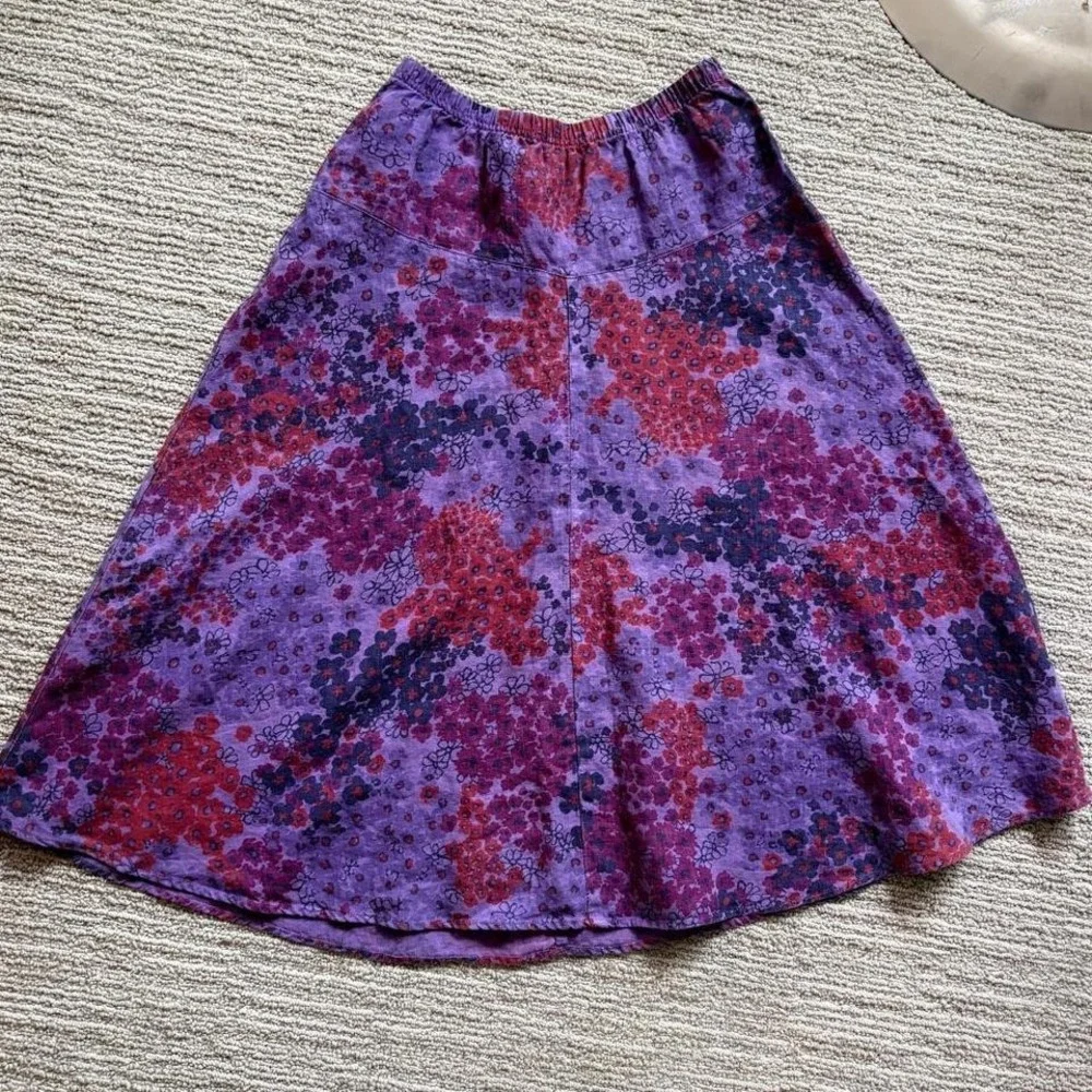 Cut Loose Midi Skirt A-Line Floral Purple Pink Linen Buttons Women's S Low Rise - Picture 8 of 8